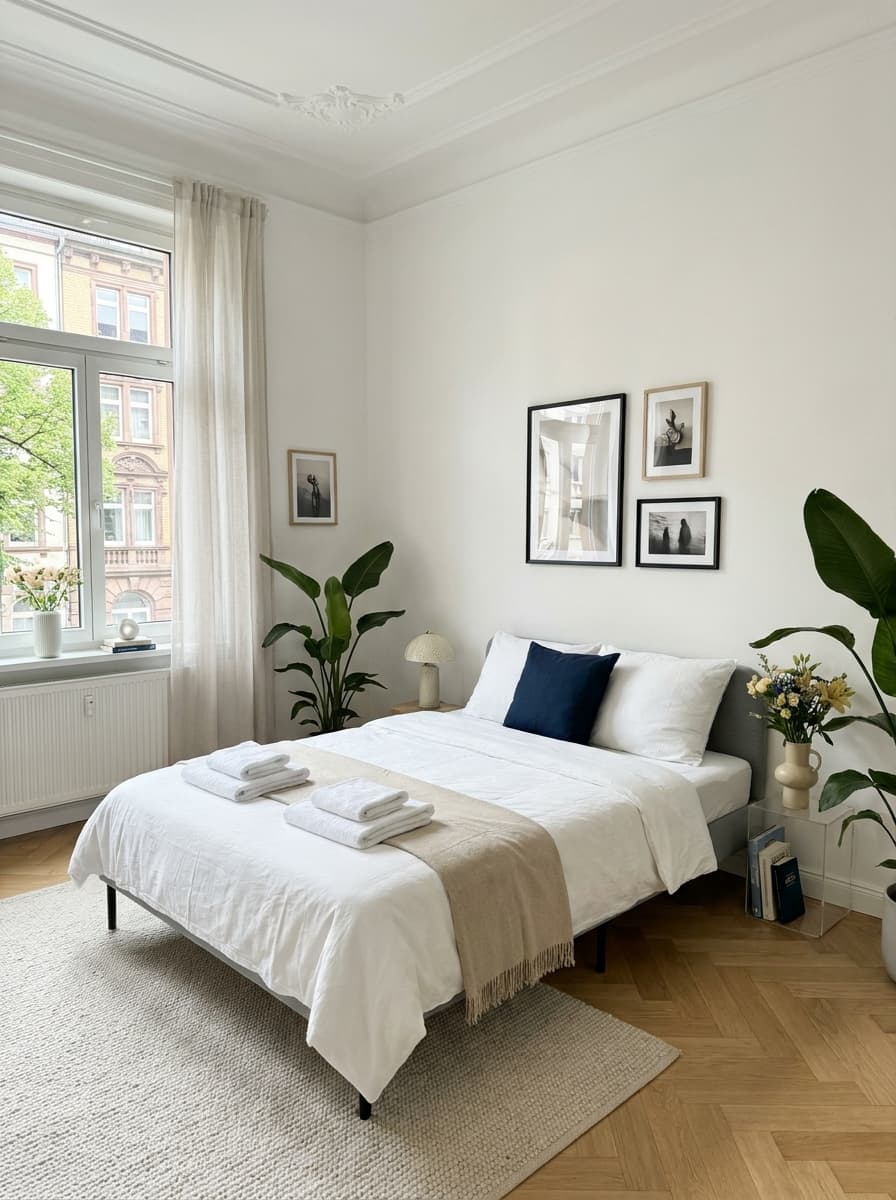 Freshly made bed with folded towels in a bright holiday apartment