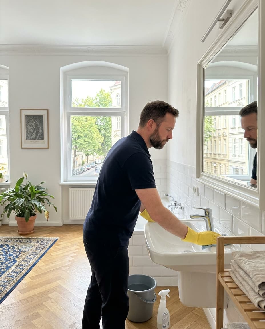 A team member cleaning the bathroom washbasin