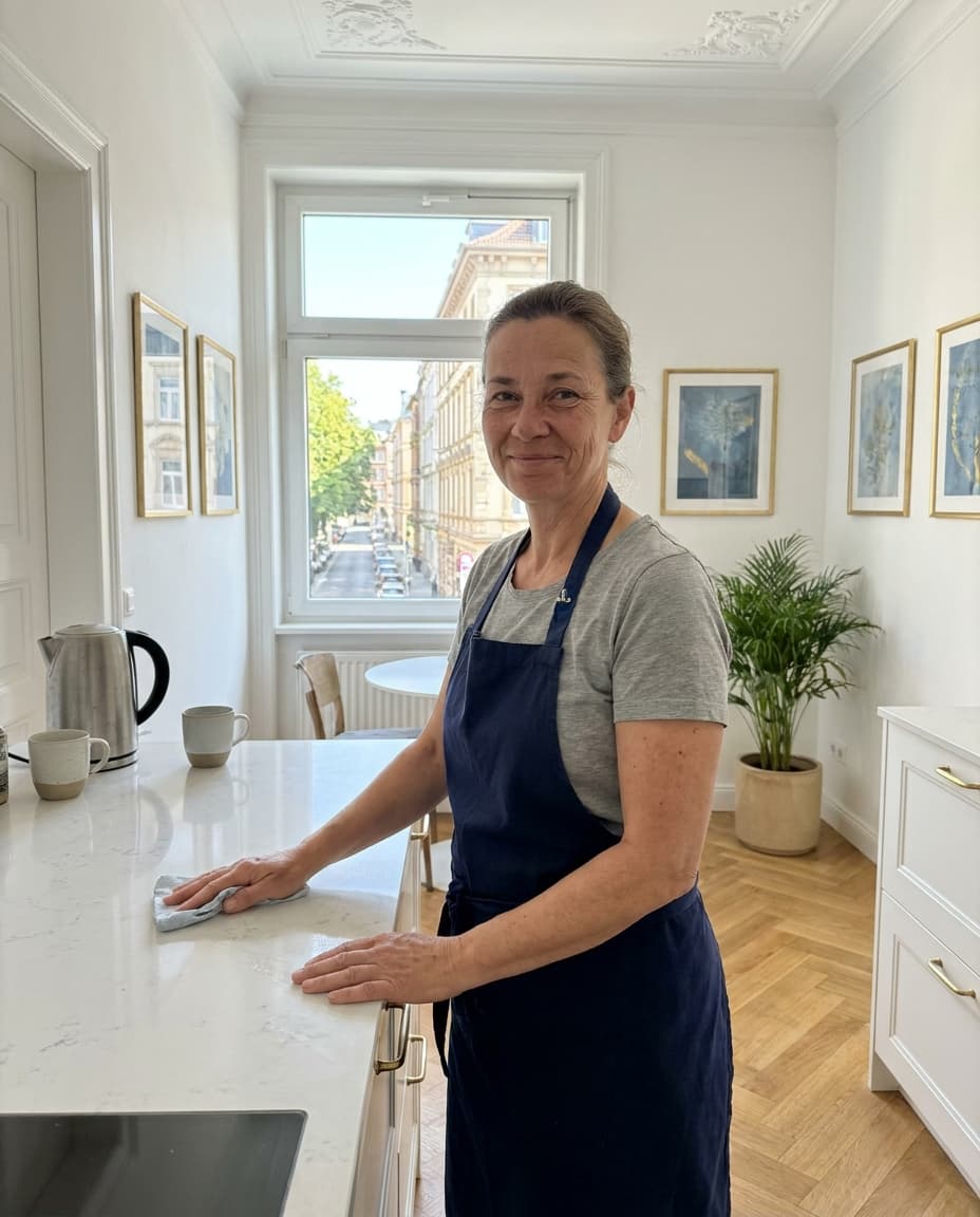 A team member wiping the worktop of a period kitchen