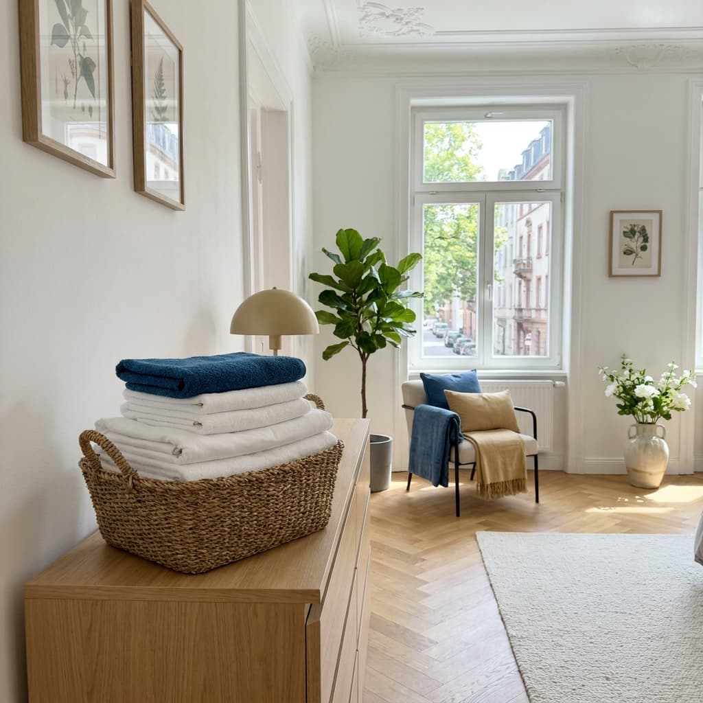 Freshly folded linen in a basket