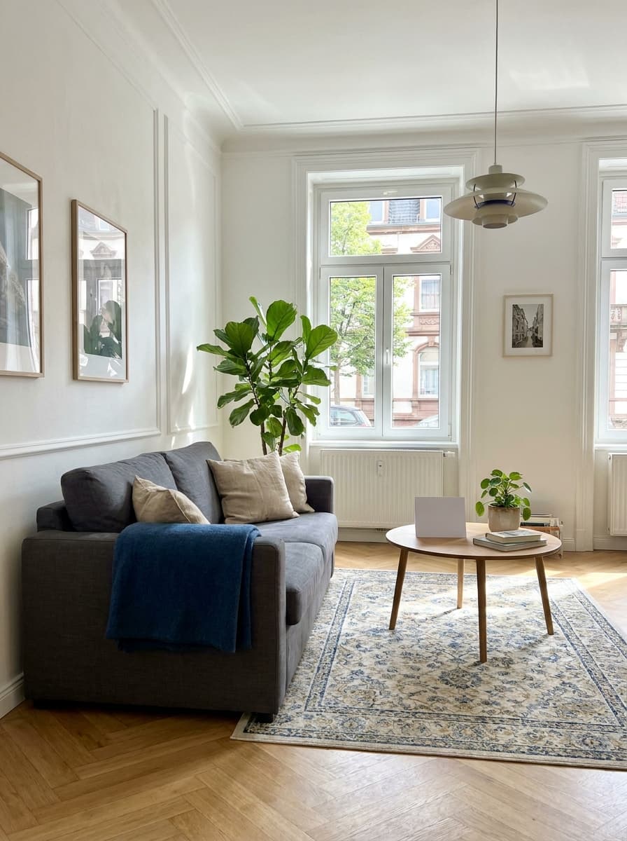 Gastbereites Wohnzimmer mit Sofa und Kissen